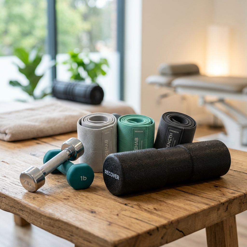 Physical therapy equipment including resistance bands and foam roller on table