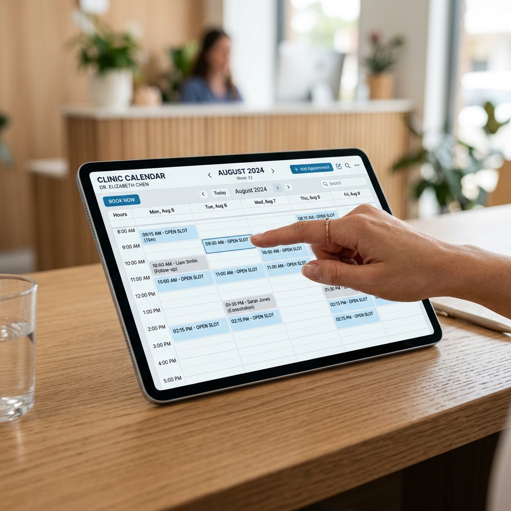 Digital calendar booking system showing open home-visit physiotherapy slots