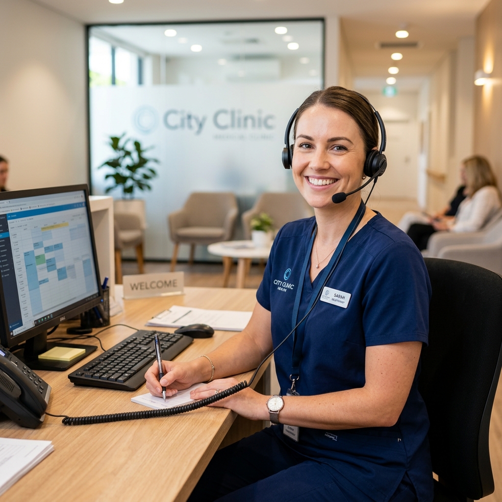 Friendly Rehalign clinic coordinator with headset answering customer calls