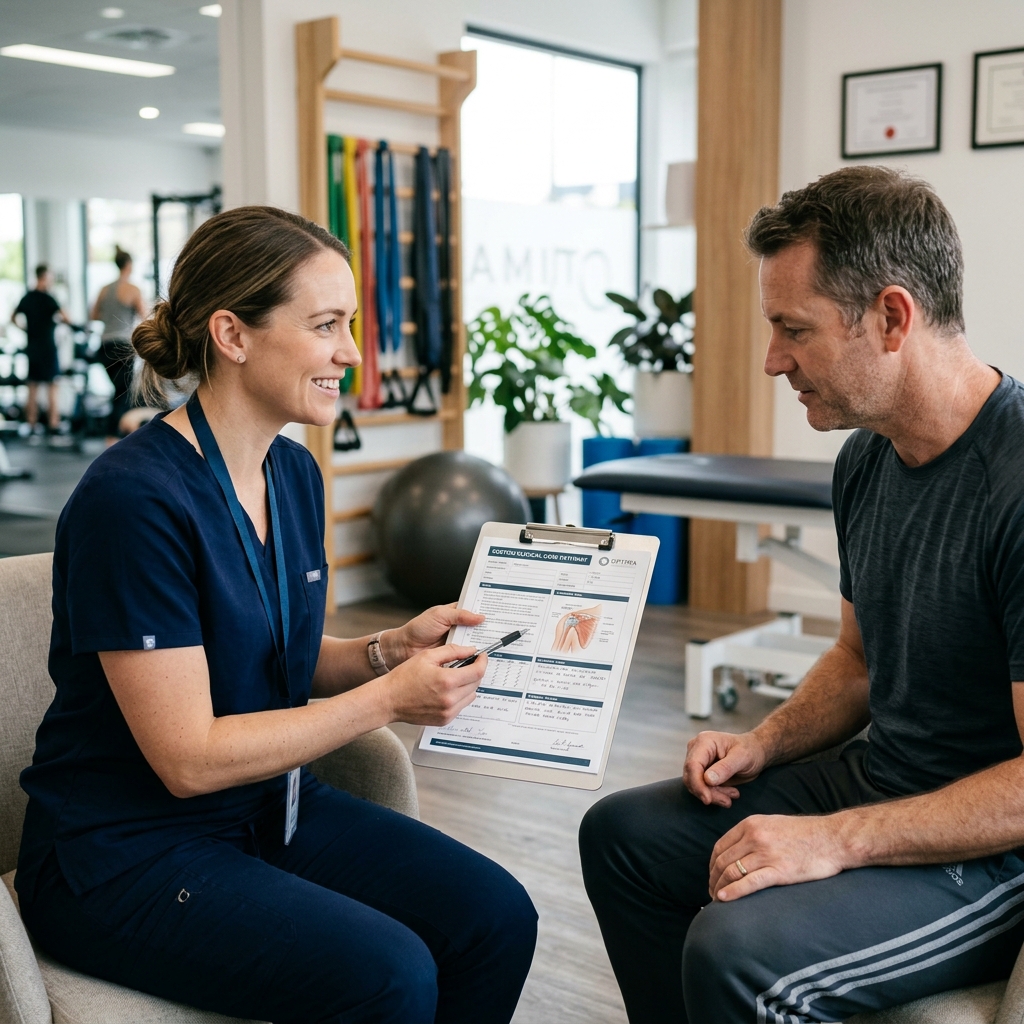 Physiotherapy initial consultation reviewing rehabilitation pathway on clipboard