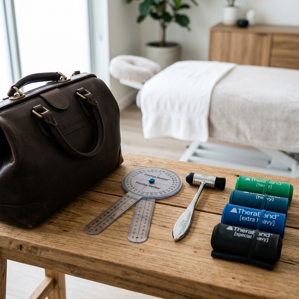 Premium portable physiotherapy equipment including resistance bands and goniometer in medical bag