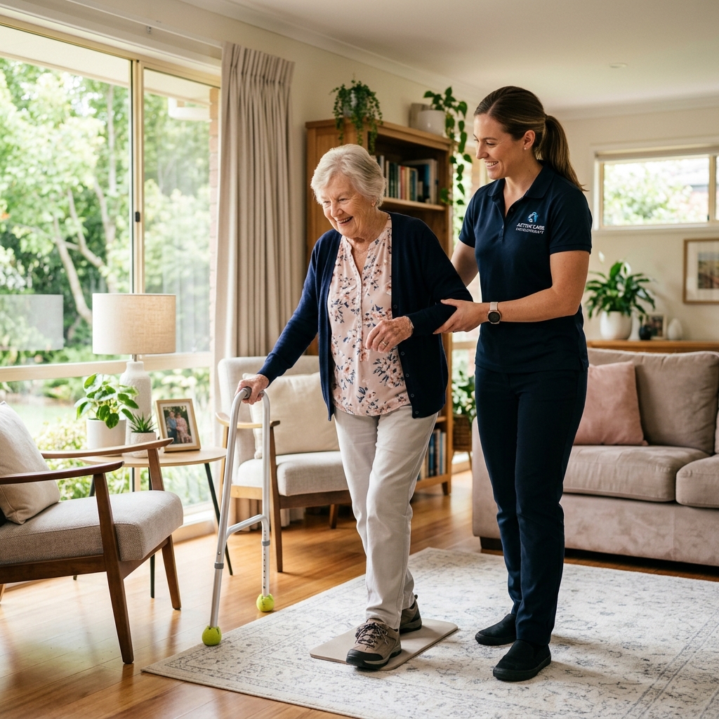 Elderly care physiotherapist helping patient perform balance and fall prevention exercises