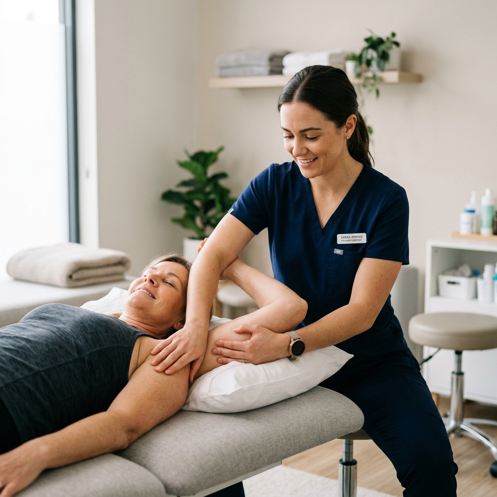 Musculoskeletal physiotherapy specialist conducting joint mobilization therapy at home