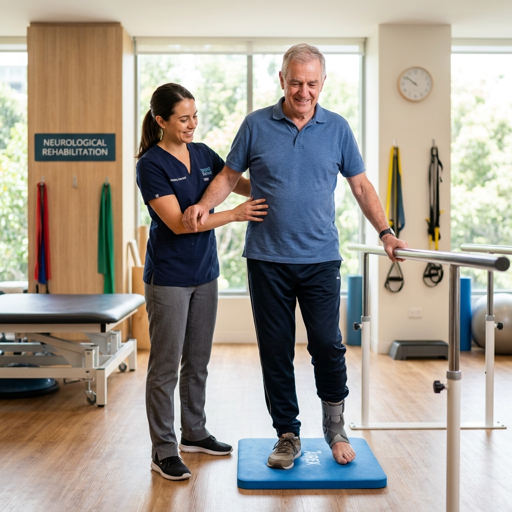 Neurological rehabilitation therapist guiding stroke survivor balance and gait exercises
